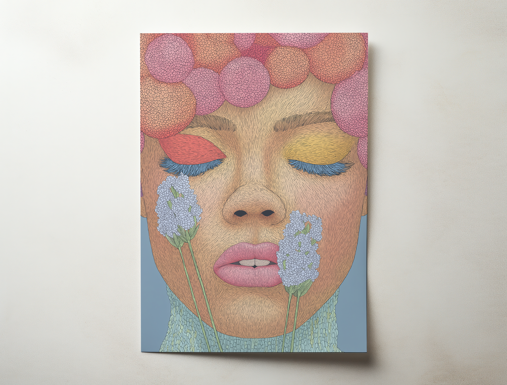 Floral feminine portrait art print of a woman with closed eyes, soft pastel flowers and warm tones, modern illustrated wall art