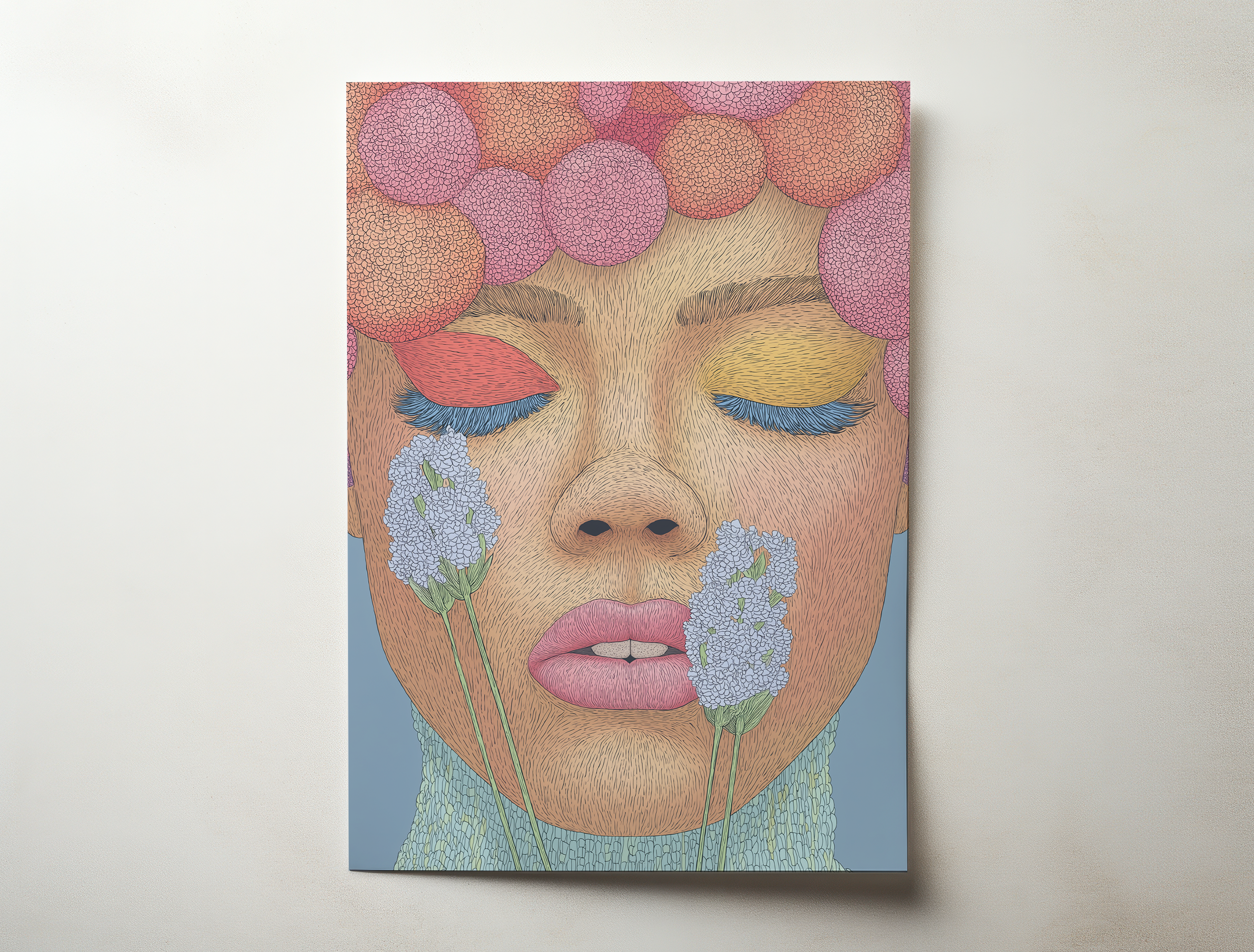 Floral feminine portrait art print of a woman with closed eyes, soft pastel flowers and warm tones, modern illustrated wall art