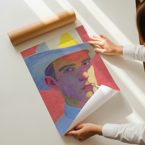 Colorful modern portrait art print of a man wearing a wide hat and smoking, illustrated with fine graphic lines and bold red, blue and yellow tones