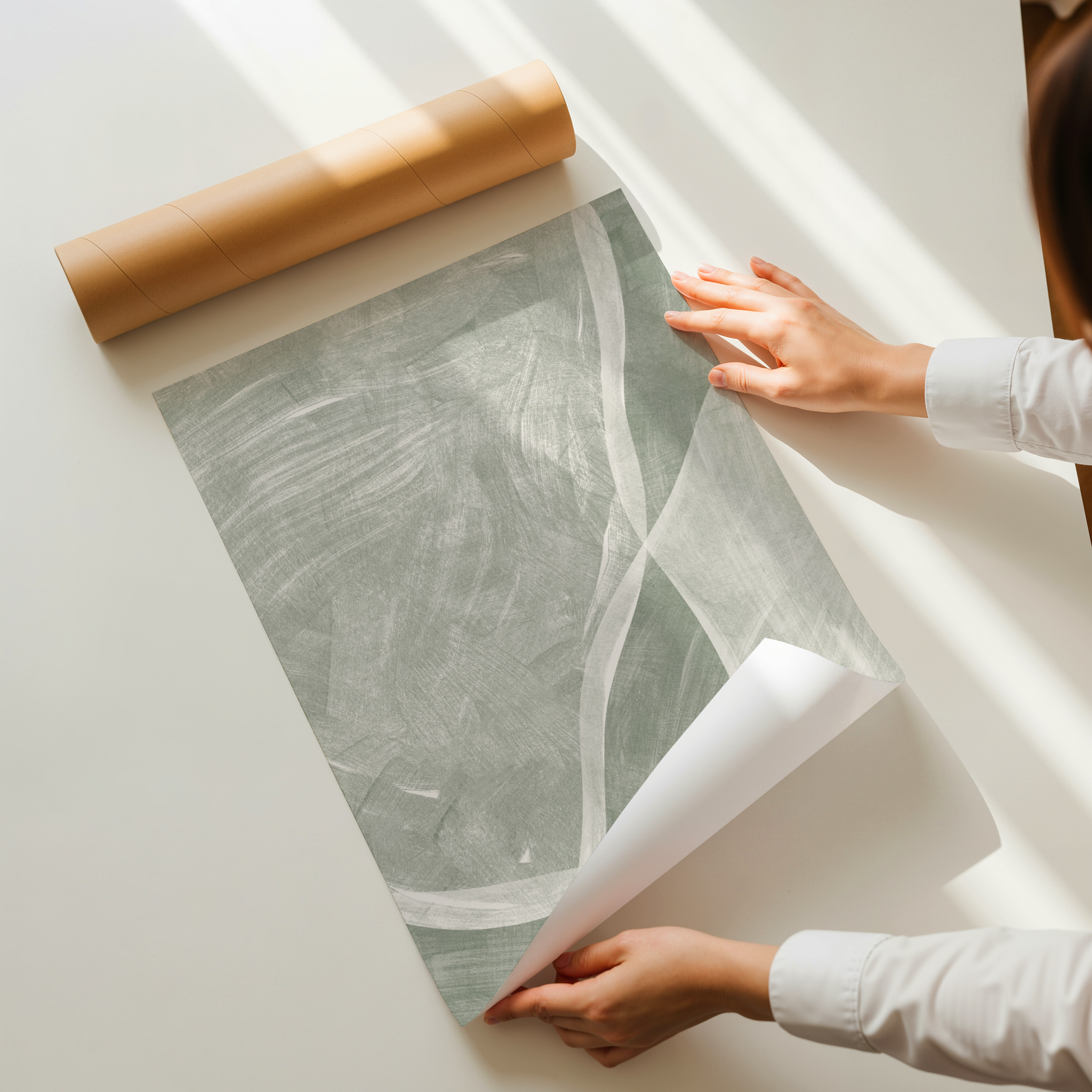 Abstract sage green art print with soft flowing lines and textured brushstrokes on a neutral background.