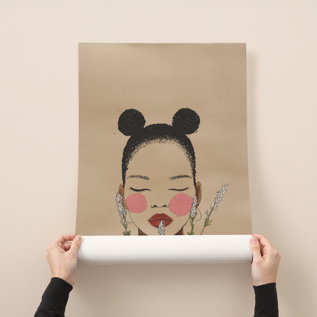 Minimal figurative art print of a serene female portrait with closed eyes, floral elements, and soft neutral tones
