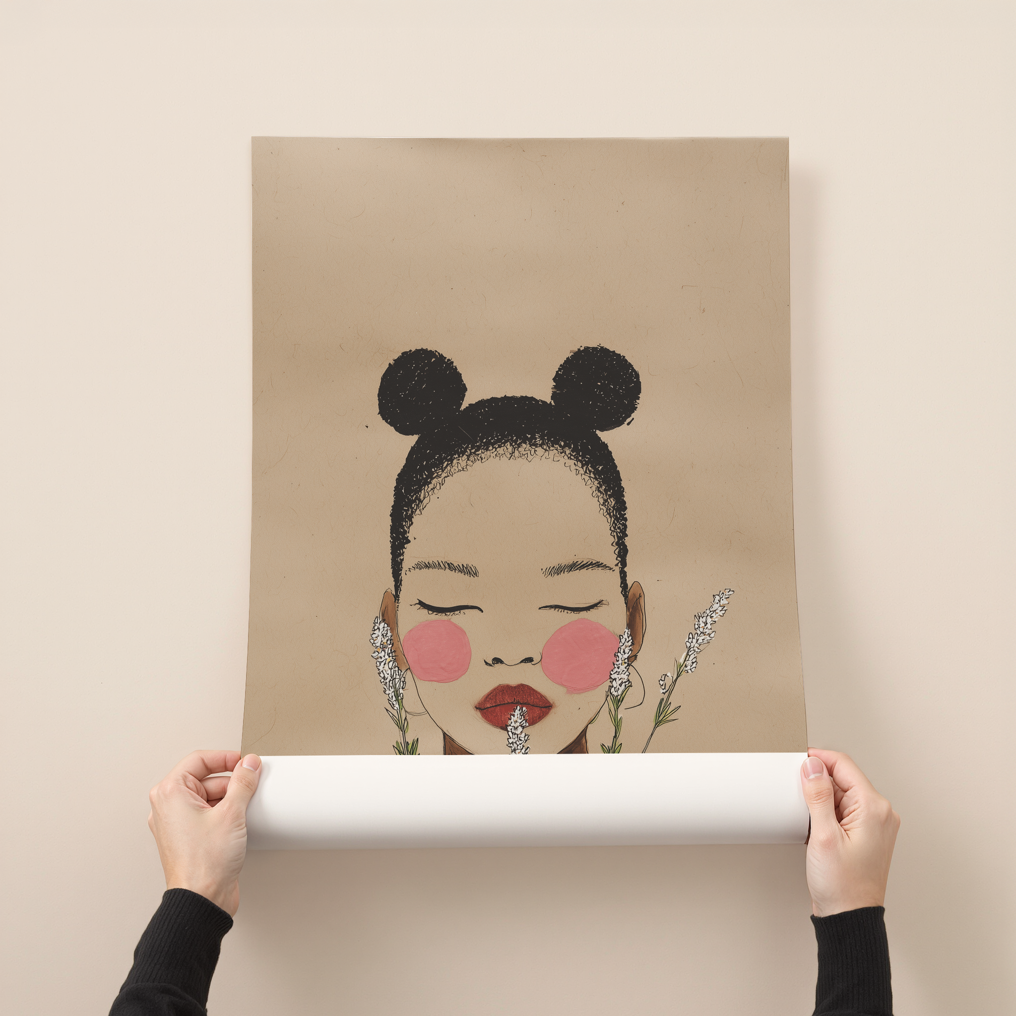 Minimal figurative art print of a serene female portrait with closed eyes, floral elements, and soft neutral tones