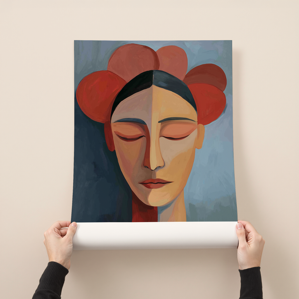 Seraphine modern portrait wall art showing a serene female face with closed eyes framed by red floral shapes