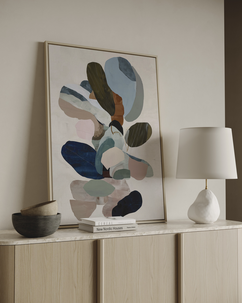 Colorful abstract wall art with organic shapes in blue green and earthy tones