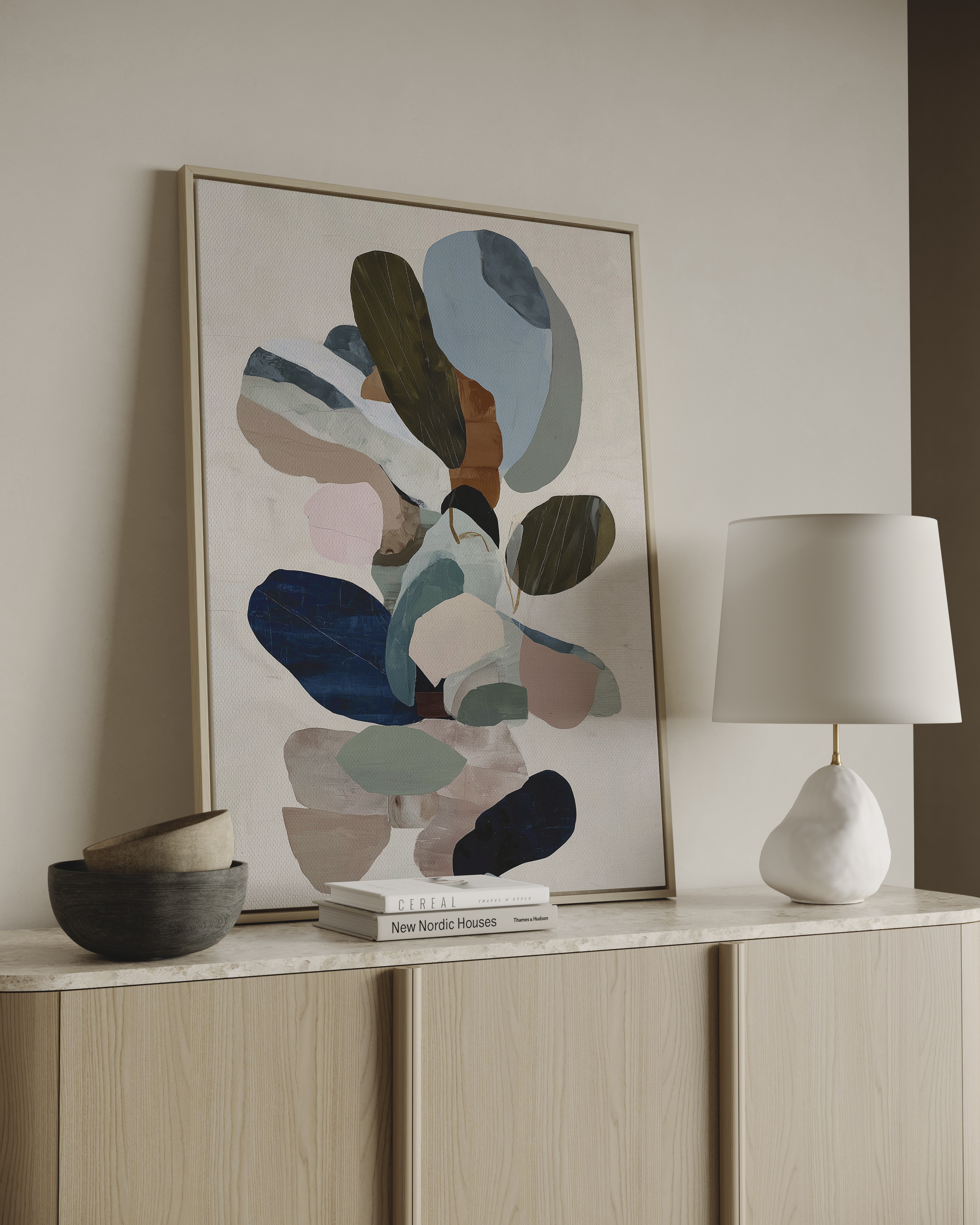 Colorful abstract wall art with organic shapes in blue green and earthy tones