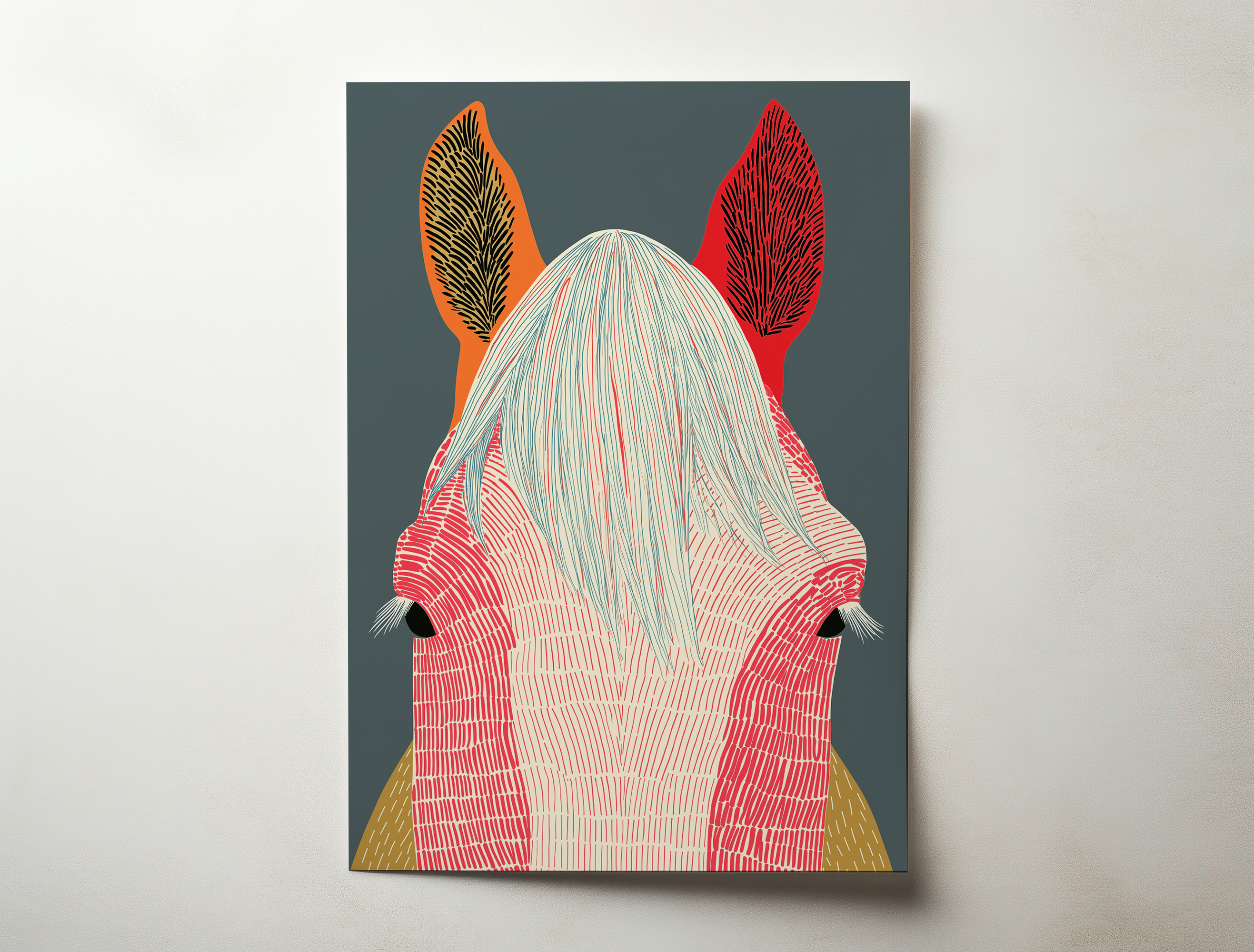 Cobalt modern horse portrait wall art featuring a stylized horse head with bold graphic textures and contrasting colors