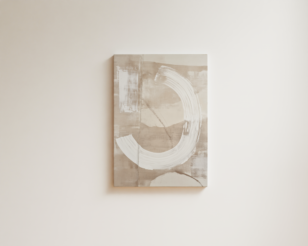 Minimalist abstract wall art with soft circular brushstroke on warm neutral background