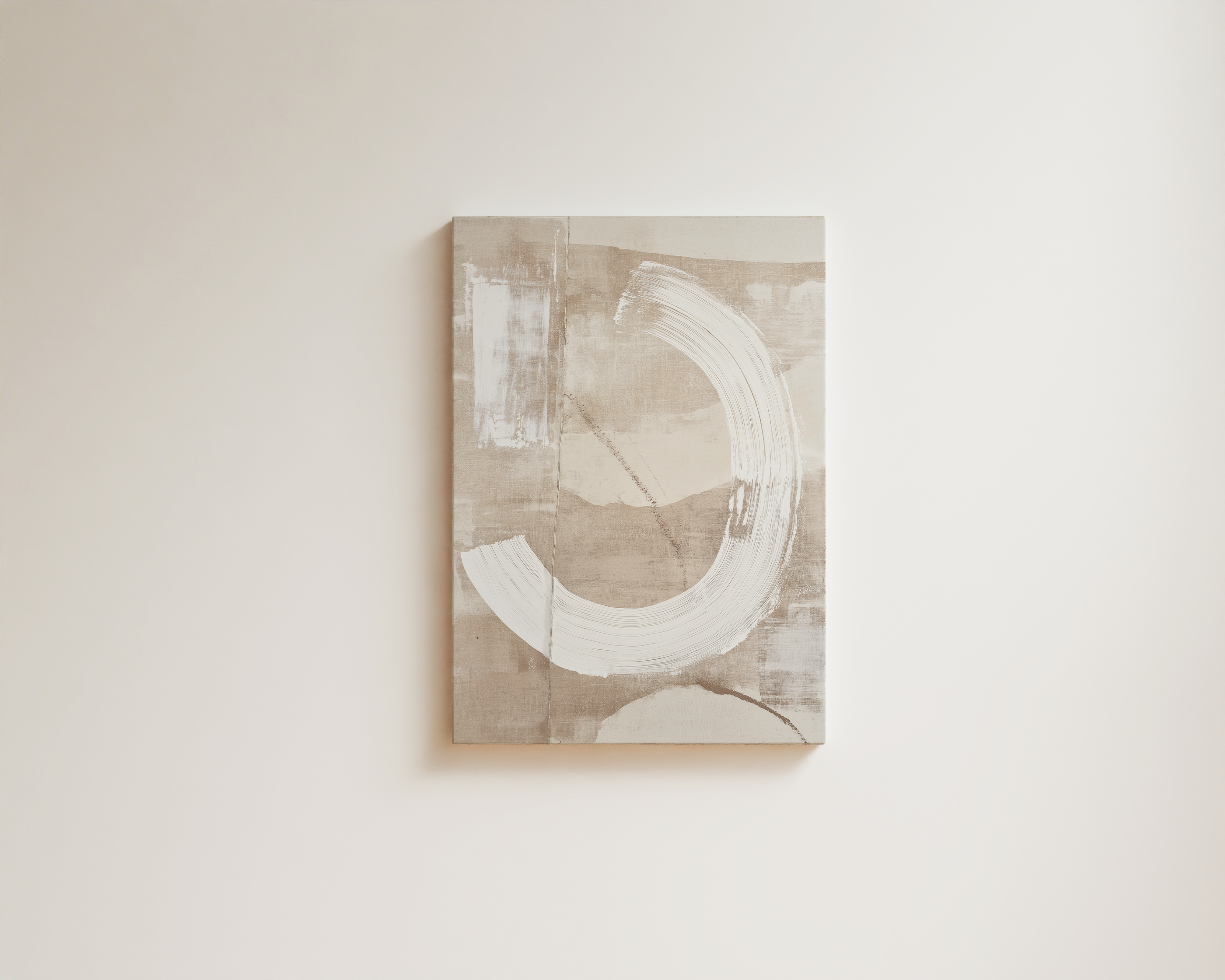 Minimalist abstract wall art with soft circular brushstroke on warm neutral background