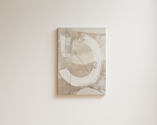 Minimalist abstract wall art with soft circular brushstroke on warm neutral background