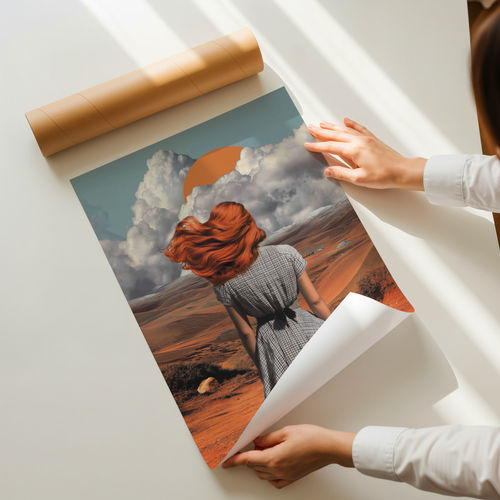 Aurelia desert portrait wall art showing a woman with flowing red hair standing in a vast desert landscape beneath dramatic clouds and a rising sun