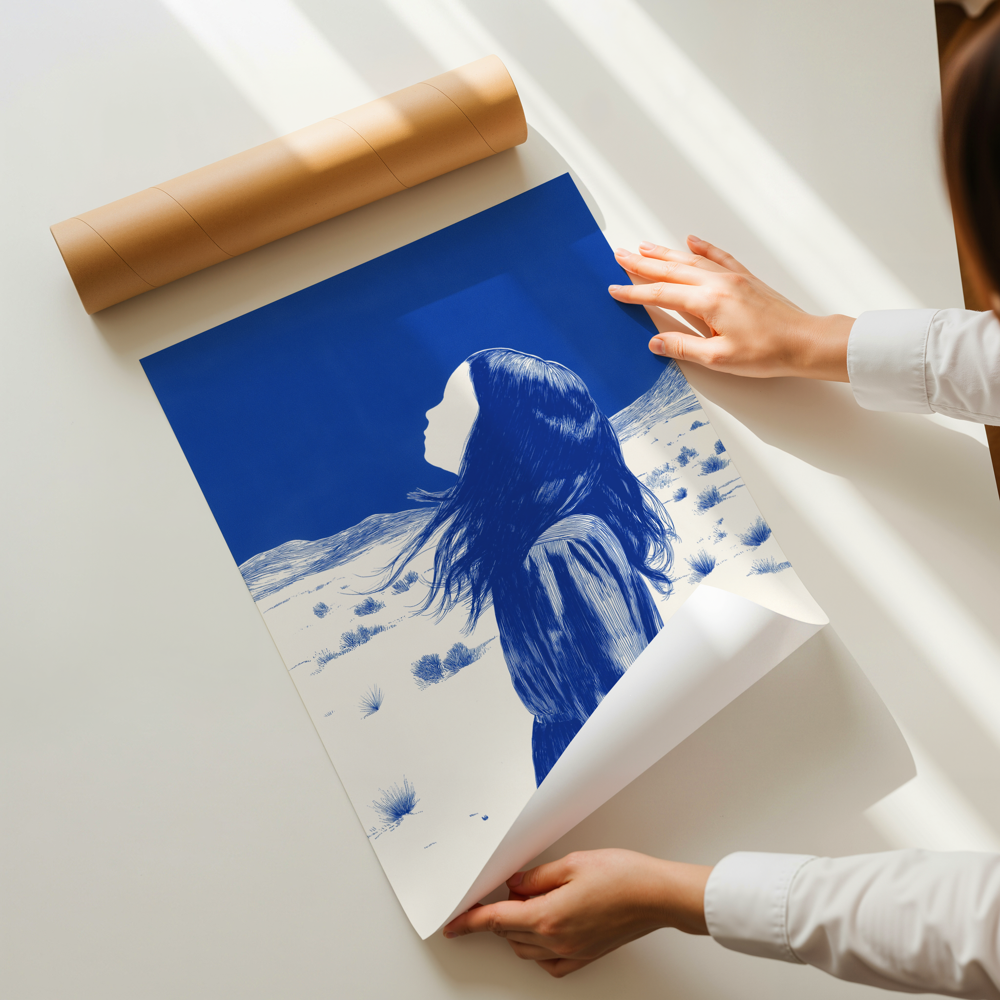 Elira minimalist portrait wall art showing a woman in a blue desert landscape looking toward the sky
