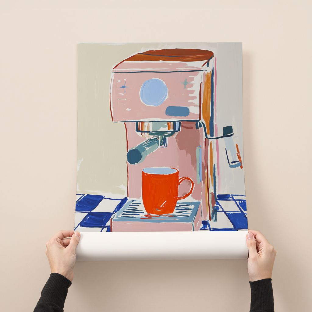Modern illustration art print of a pink espresso machine and coffee cup in soft colors