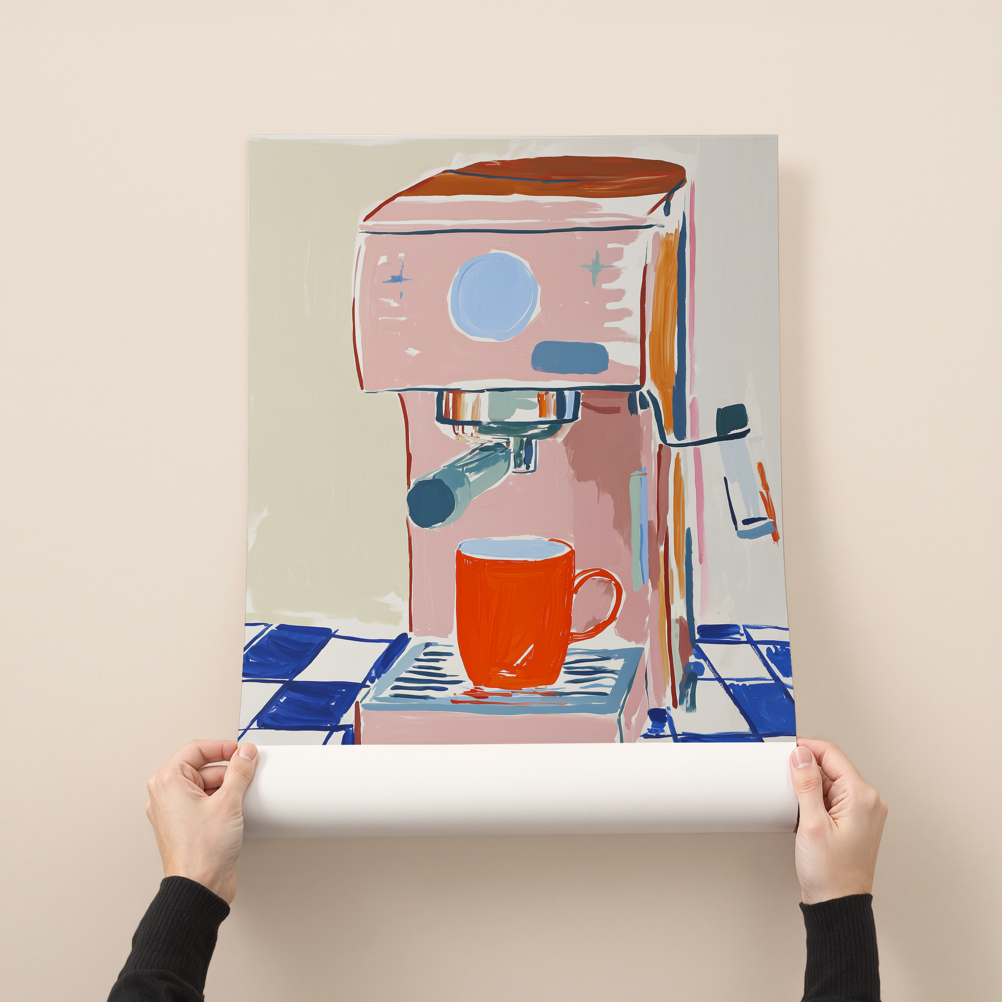 Modern illustration art print of a pink espresso machine and coffee cup in soft colors