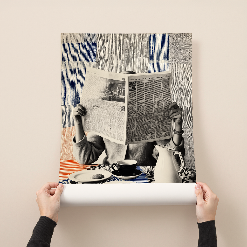 Morning Edition art print showing a person reading a newspaper at a breakfast table with coffee and pastries against a blue patterned background