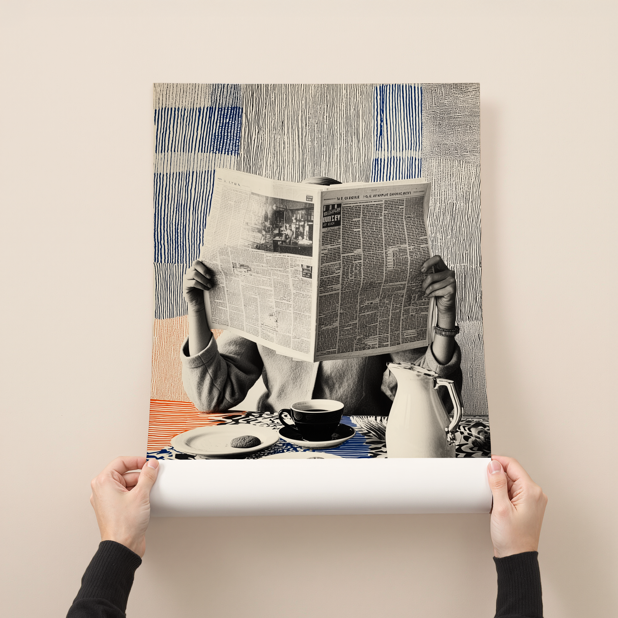 Morning Edition art print showing a person reading a newspaper at a breakfast table with coffee and pastries against a blue patterned background