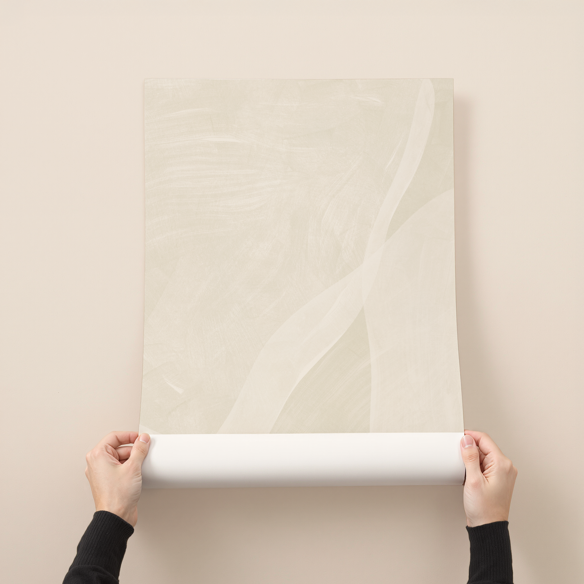 Minimal abstract art print with soft flowing shapes in neutral beige and off-white tones, modern and calming wall art.