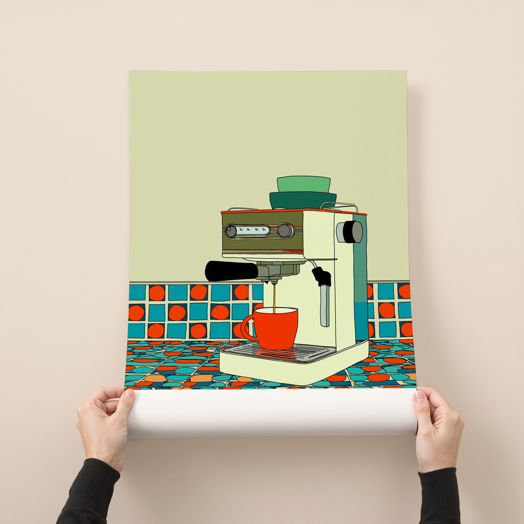 Brew Station retro illustration art print featuring an espresso machine brewing coffee on a colorful patterned kitchen counter