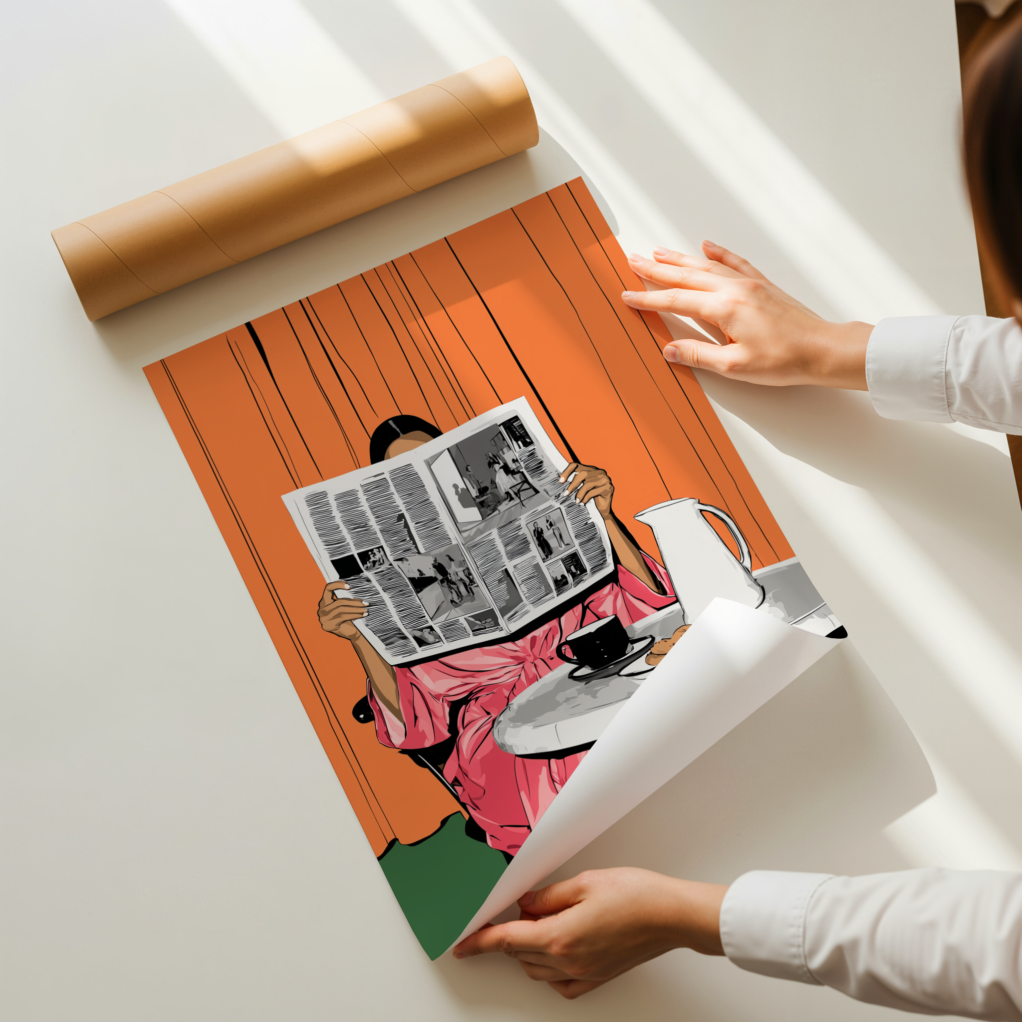 Press & Coffee illustration print showing a woman reading a newspaper at a café table with coffee and orange background