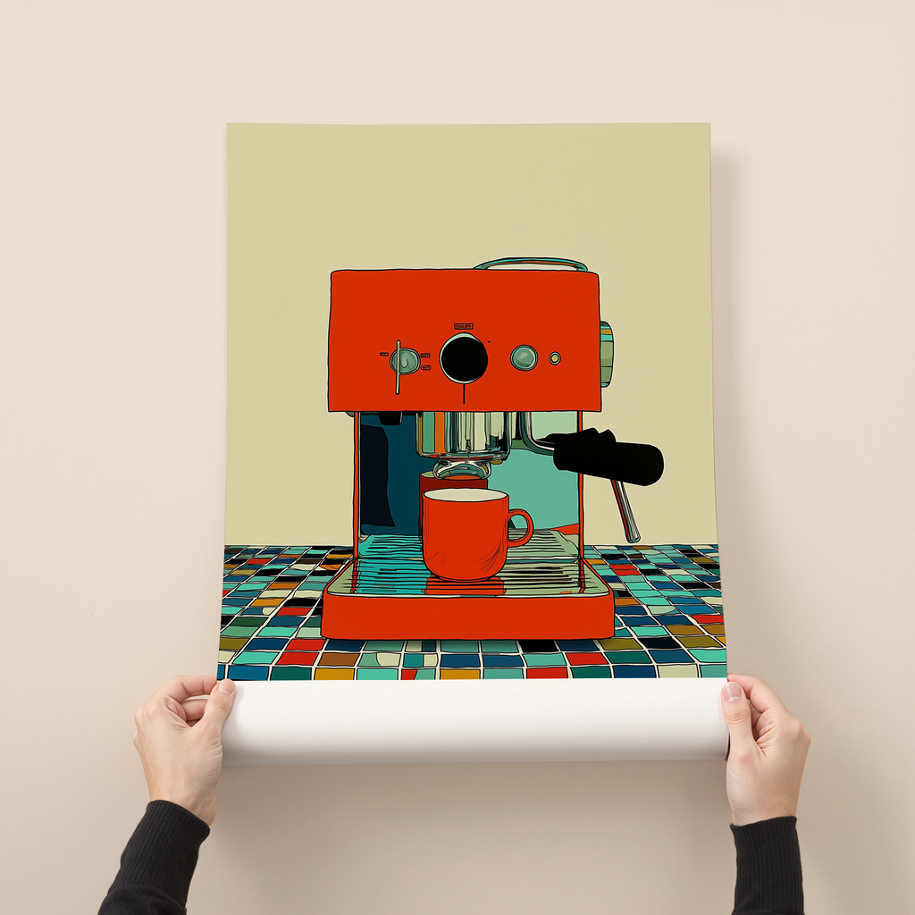 The Coffee Maker illustration wall art print showing a red espresso machine brewing coffee on a colorful tiled kitchen counter