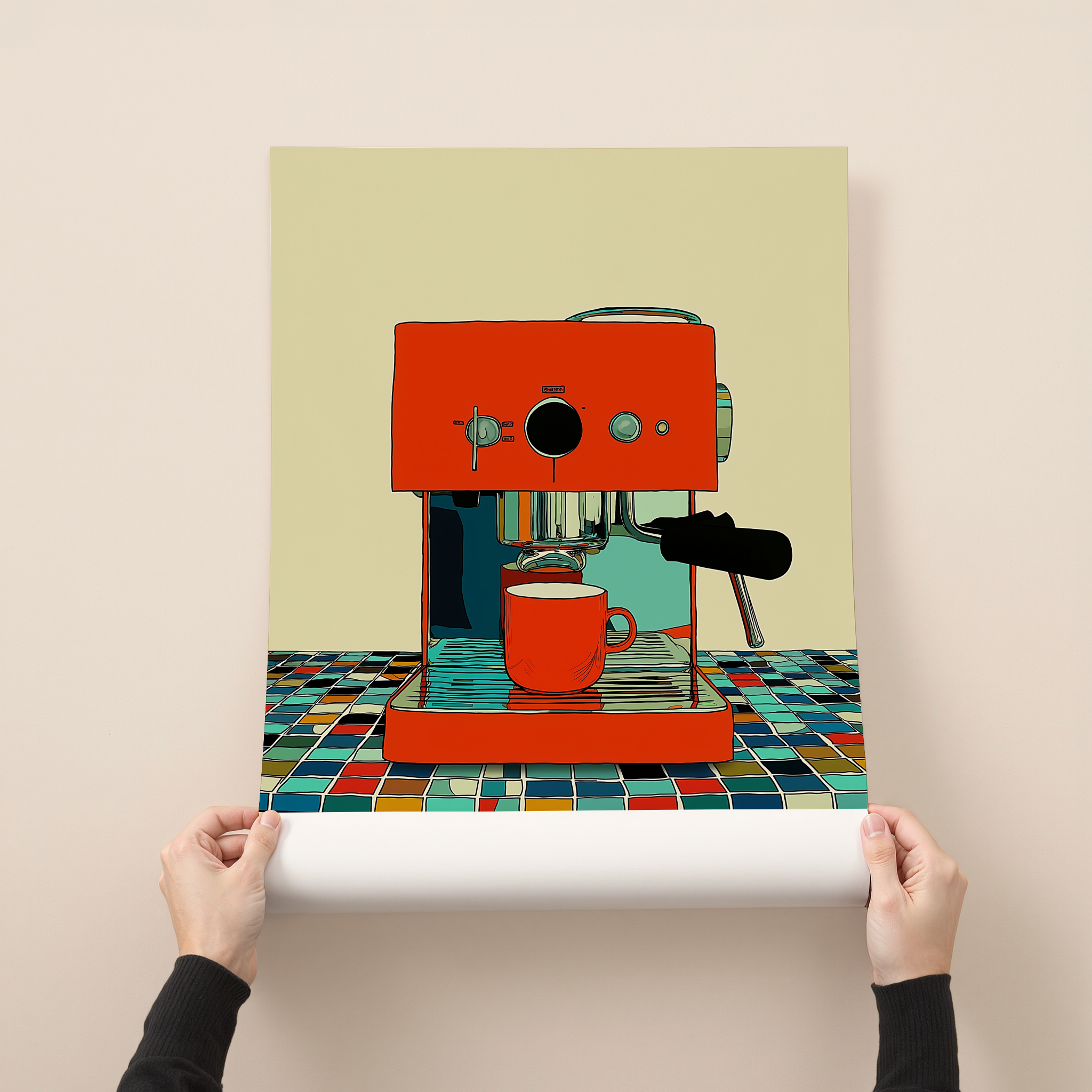 The Coffee Maker illustration wall art print showing a red espresso machine brewing coffee on a colorful tiled kitchen counter