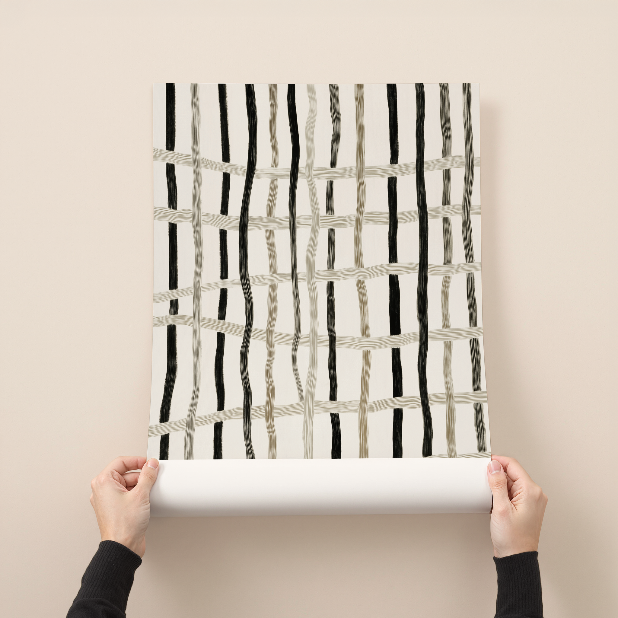 Minimalist abstract line art print with black and beige flowing lines on a neutral background