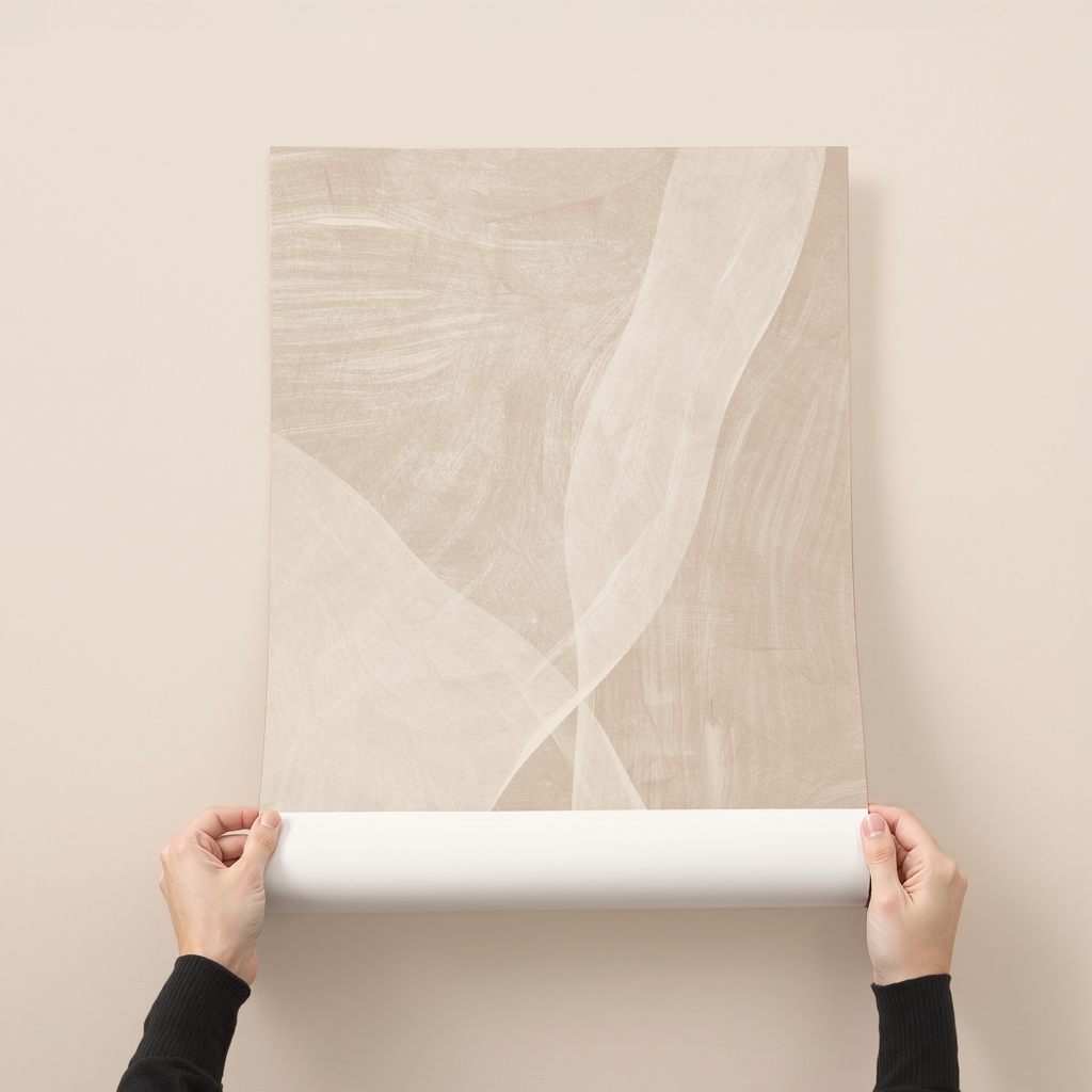 Neutral abstract art print with soft flowing lines in beige and off-white tones, minimalist modern wall art