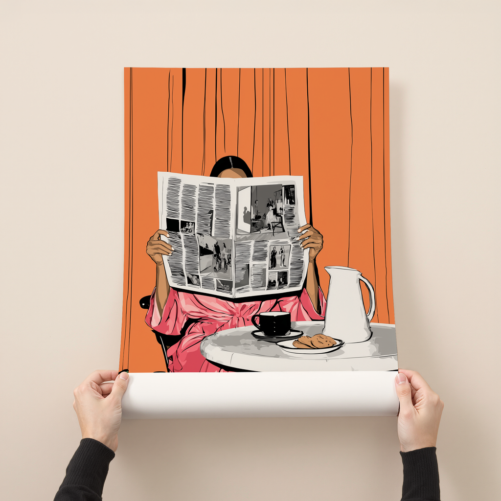 Press & Coffee illustration print showing a woman reading a newspaper at a café table with coffee and orange background