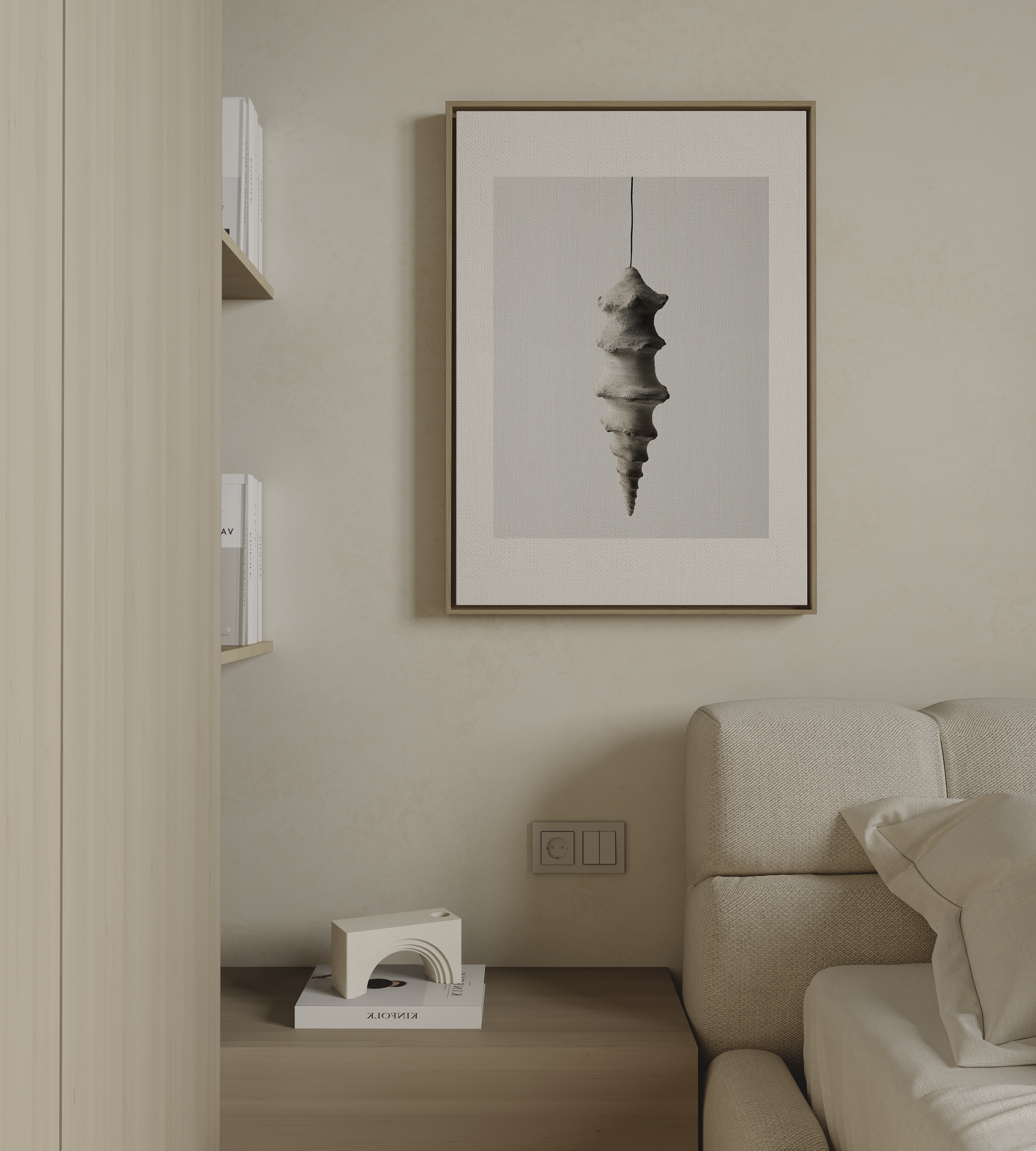 Minimal neutral wall art with sculptural hanging form