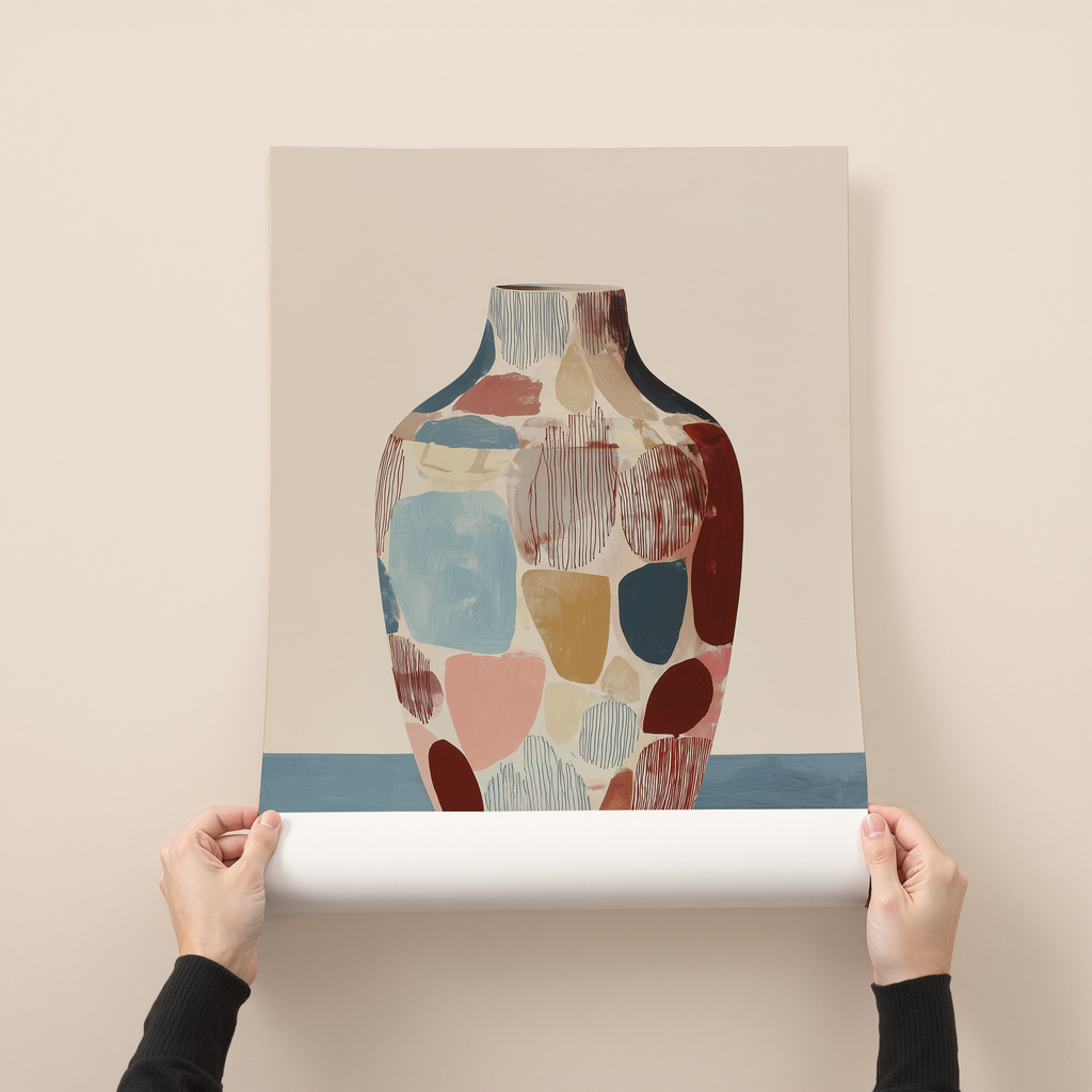 Abstract ceramic vase art print in earthy tones displayed as modern kitchen wall decor