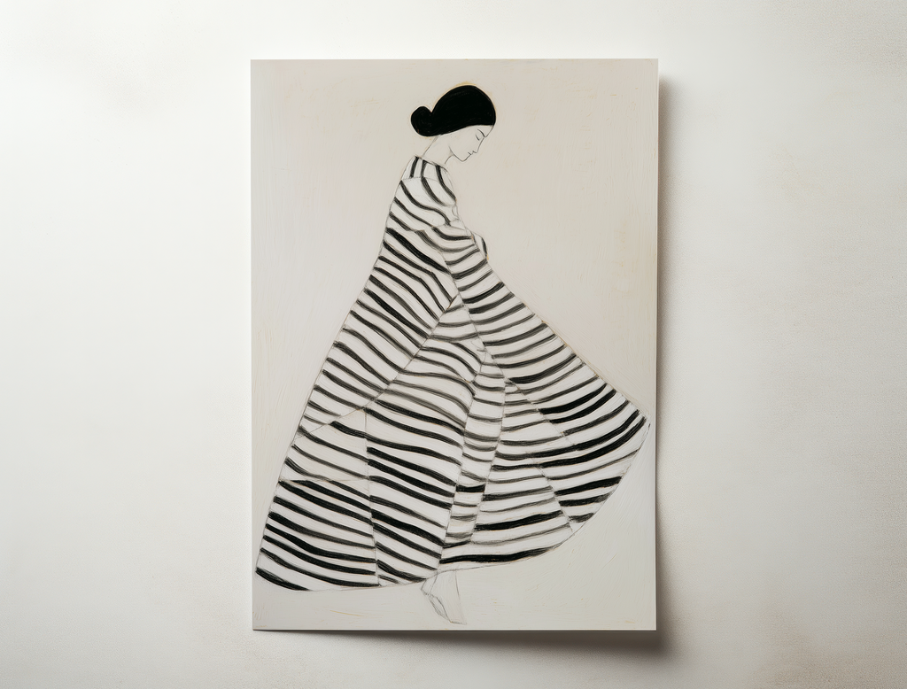 Minimal black and white figurative art print of a woman in a flowing striped dress