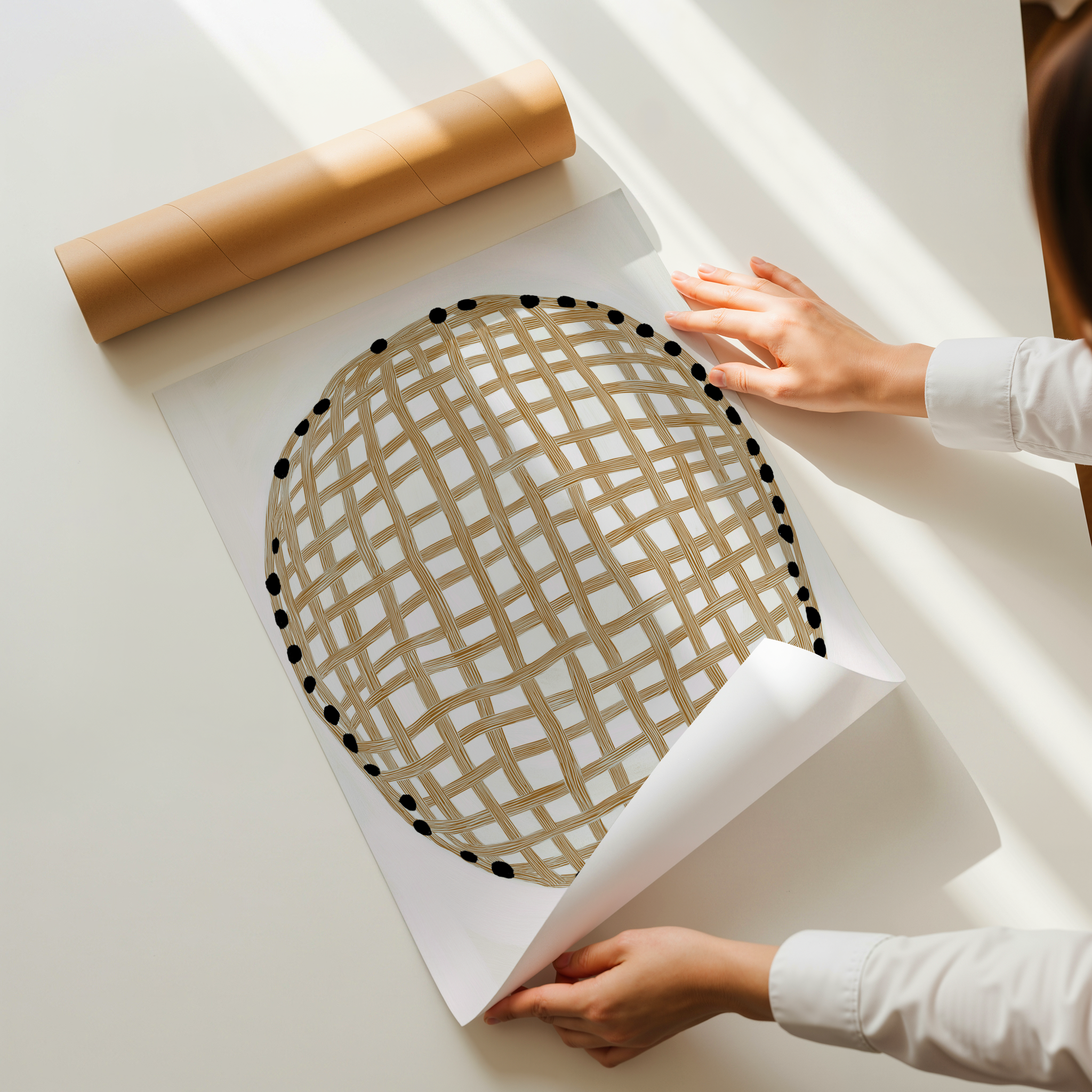 Minimal abstract wall art print with woven vertical and horizontal lines in neutral tones, modern and Scandinavian style.