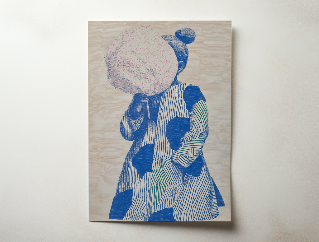 Playful modern illustration art print of a small girl figure with pink cotton candy and blue patterned clothing in minimalist graphic style