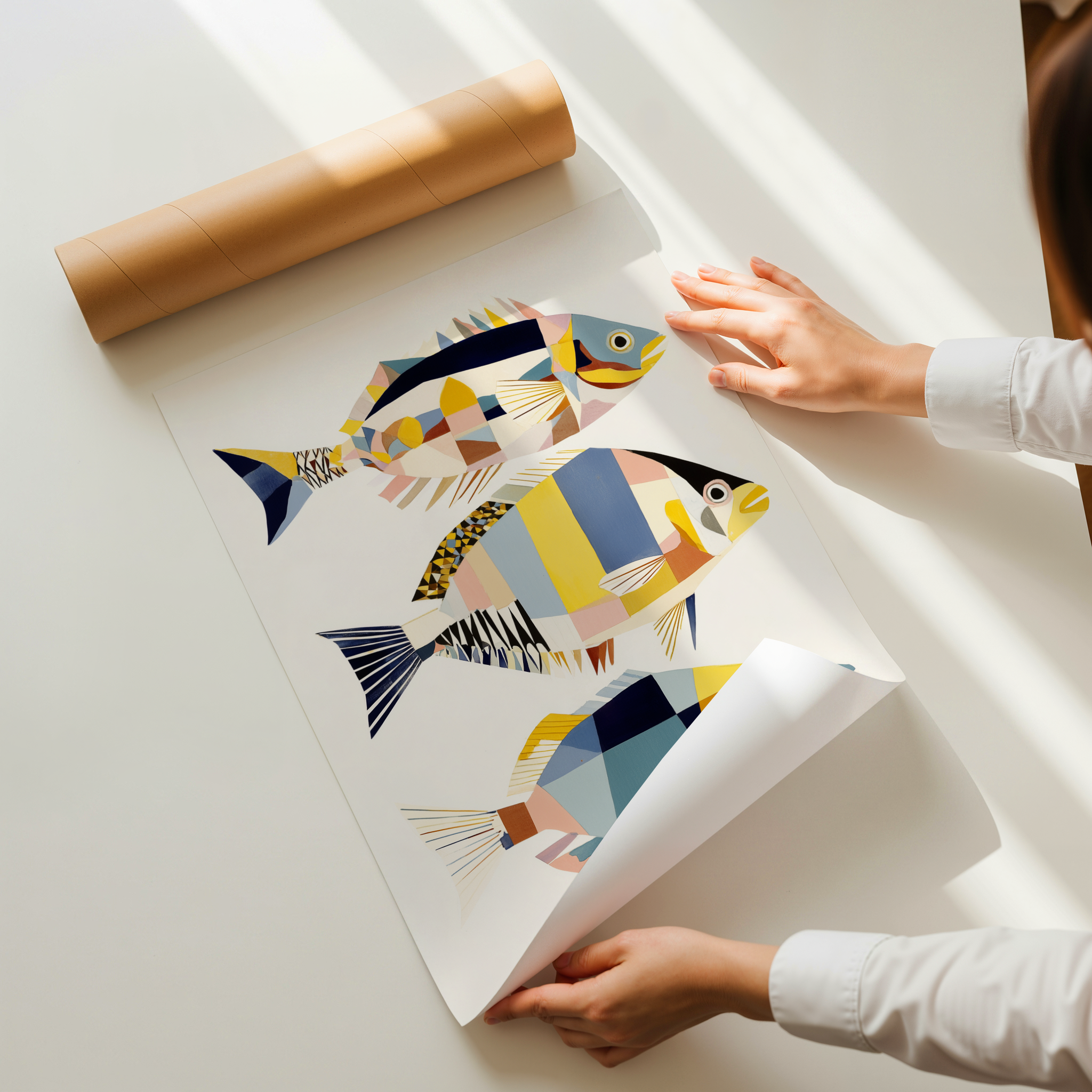 Trivaro geometric fish wall art featuring three colorful stylized fish made of abstract shapes