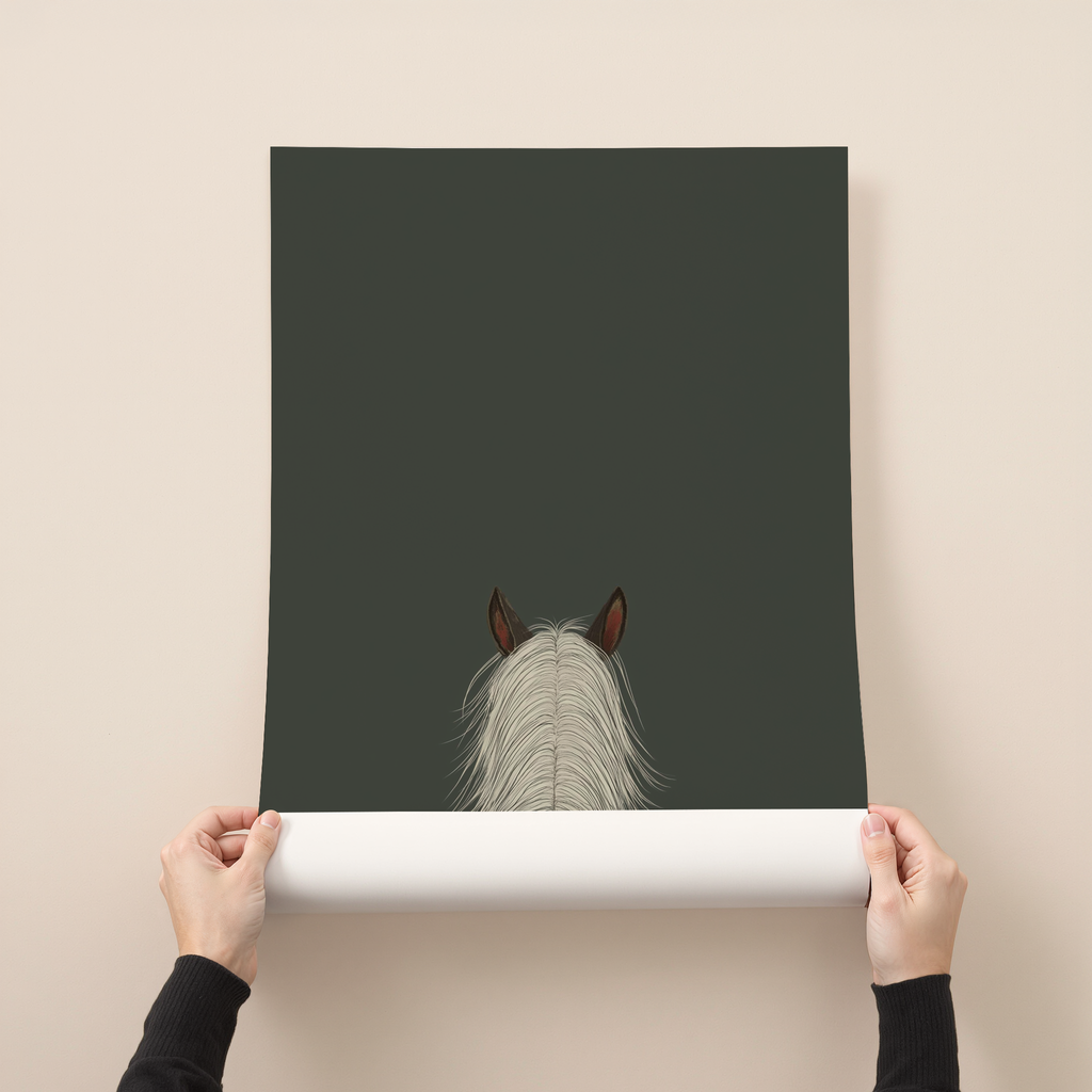 Skye minimalist horse illustration wall art with dark green background
