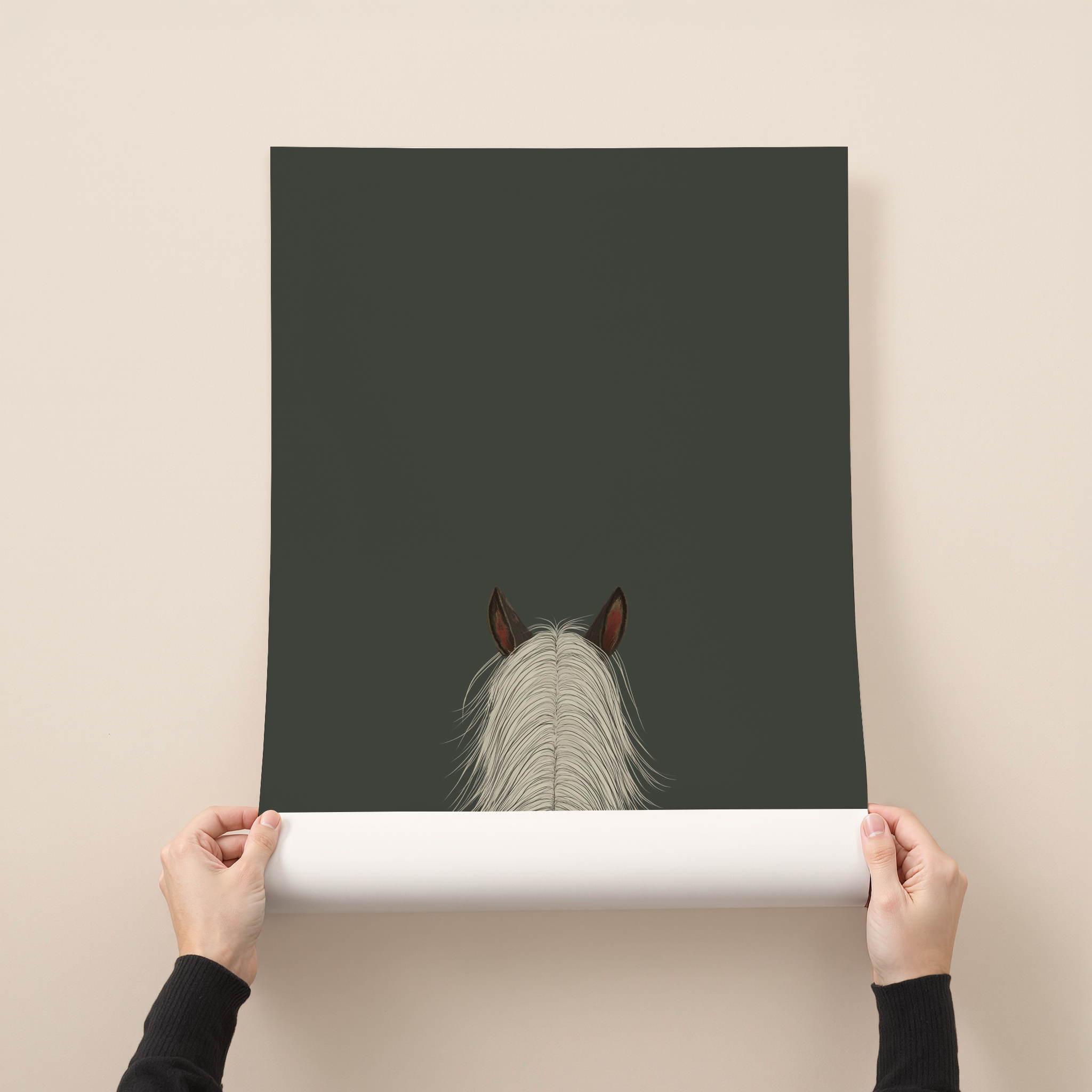 Skye minimalist horse illustration wall art with dark green background