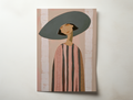 Minimalist woman portrait art print with wide hat, soft neutral colors and modern illustration style, elegant contemporary wall decor
