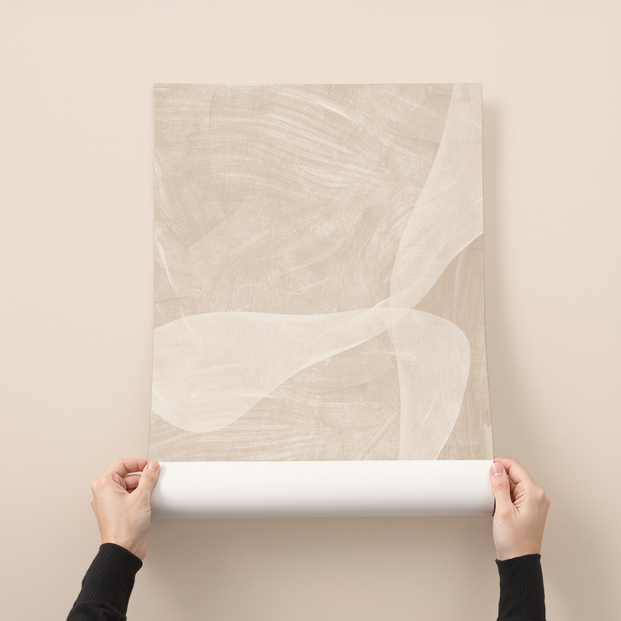 Minimal abstract art print in soft beige and cream tones with flowing layered shapes, modern neutral wall art