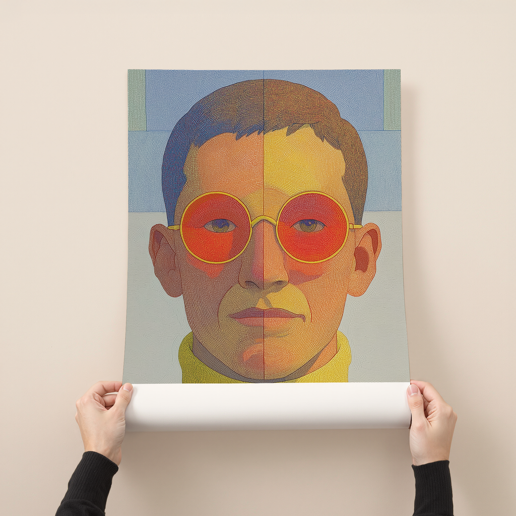 modern graphic portrait illustration of a man with round red glasses, colorful textured face, contemporary art print for living room or office wall decor