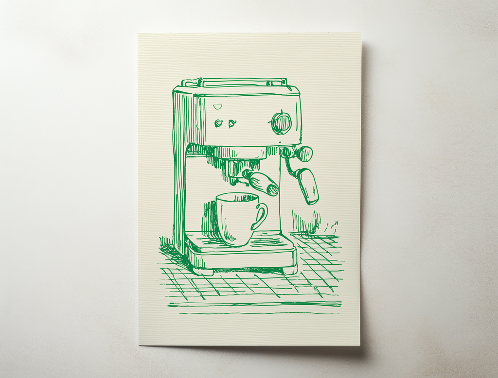 Porto Brew minimalist line illustration of an espresso machine with a coffee cup in green ink