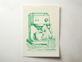Porto Brew minimalist line illustration of an espresso machine with a coffee cup in green ink