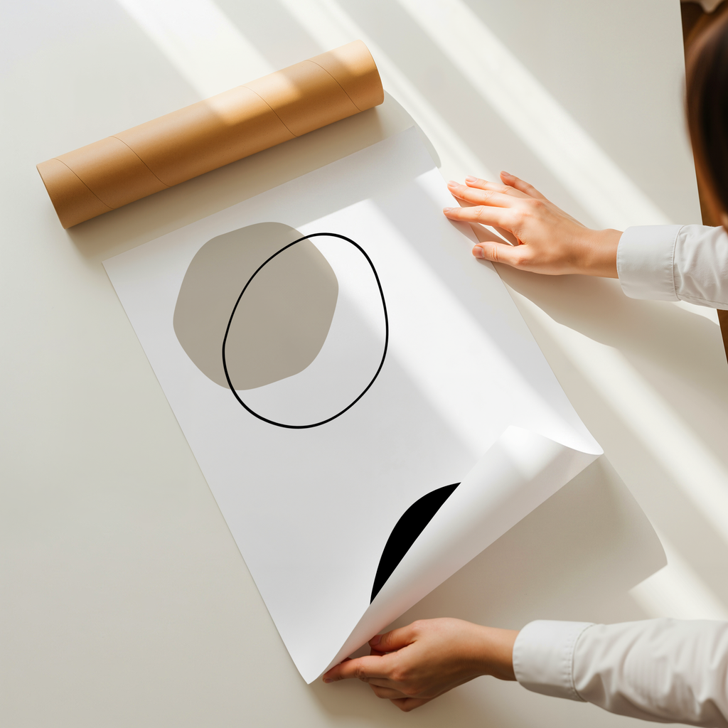 Minimal abstract wall art print with beige organic shape and black line on white background