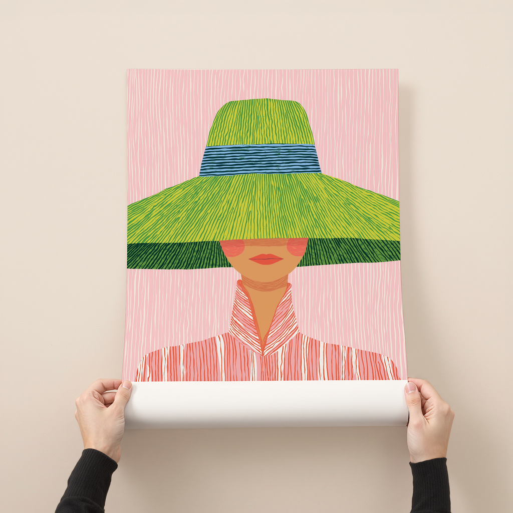 Livia modern fashion portrait wall art showing a woman wearing a wide green hat and striped blouse on a soft pink background