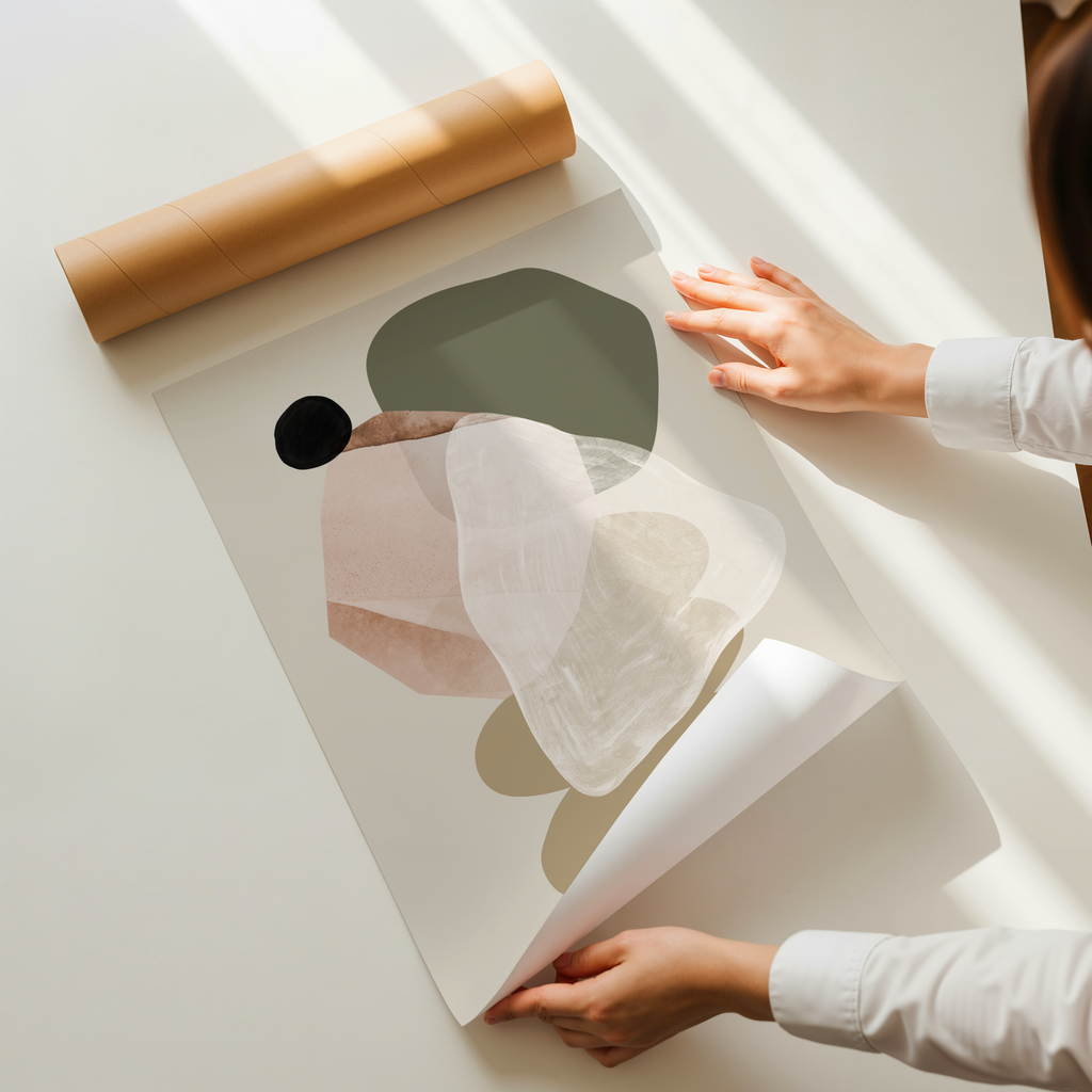 Minimal abstract art print with layered organic shapes in soft beige, olive green and off-white tones on a light background