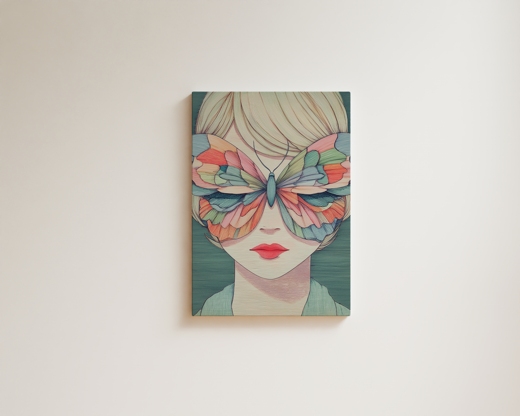 minimalist butterfly wall art with feminine portrait in soft muted tones