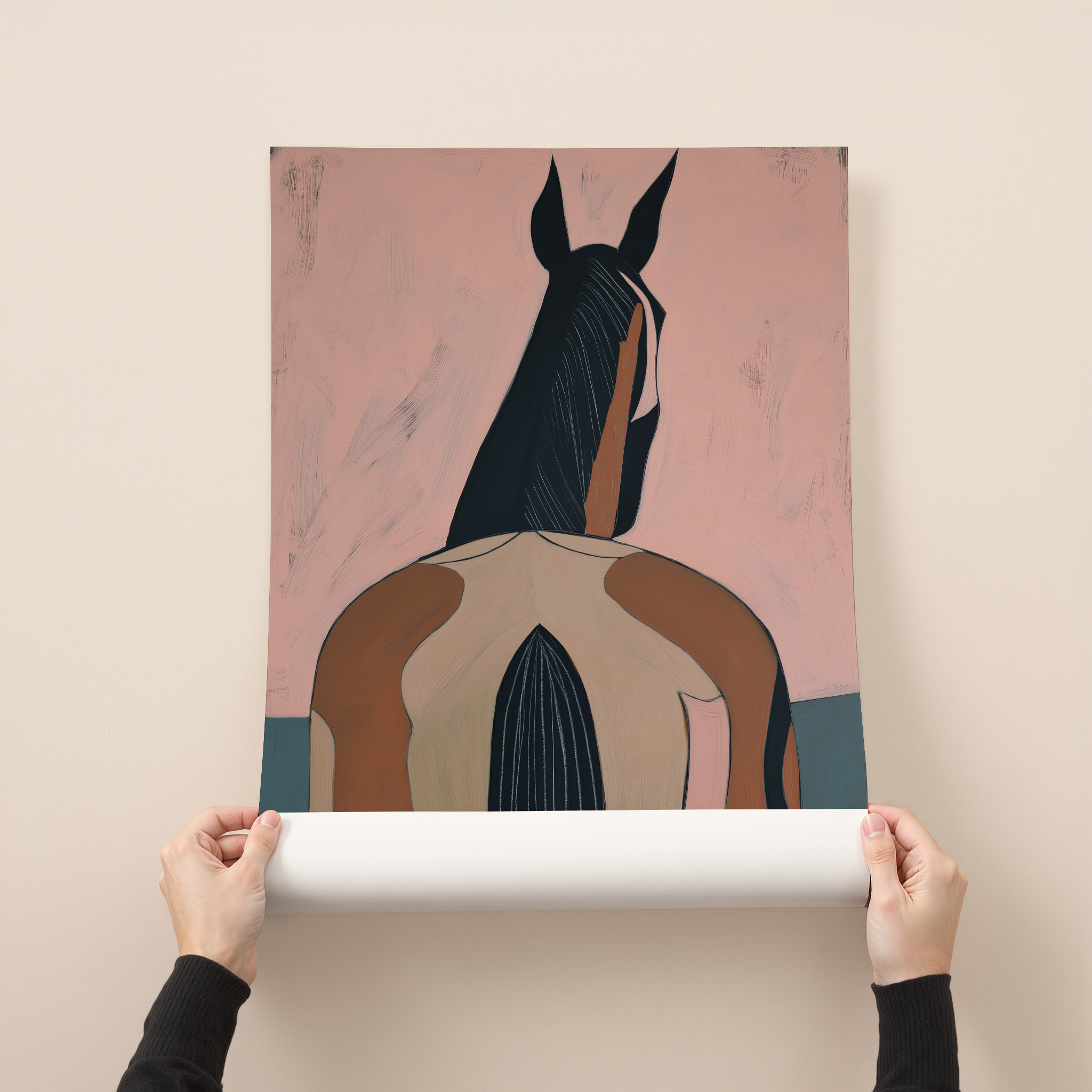 Minimalist horse silhouette art print viewed from behind in blush pink and earthy brown tones on a textured background