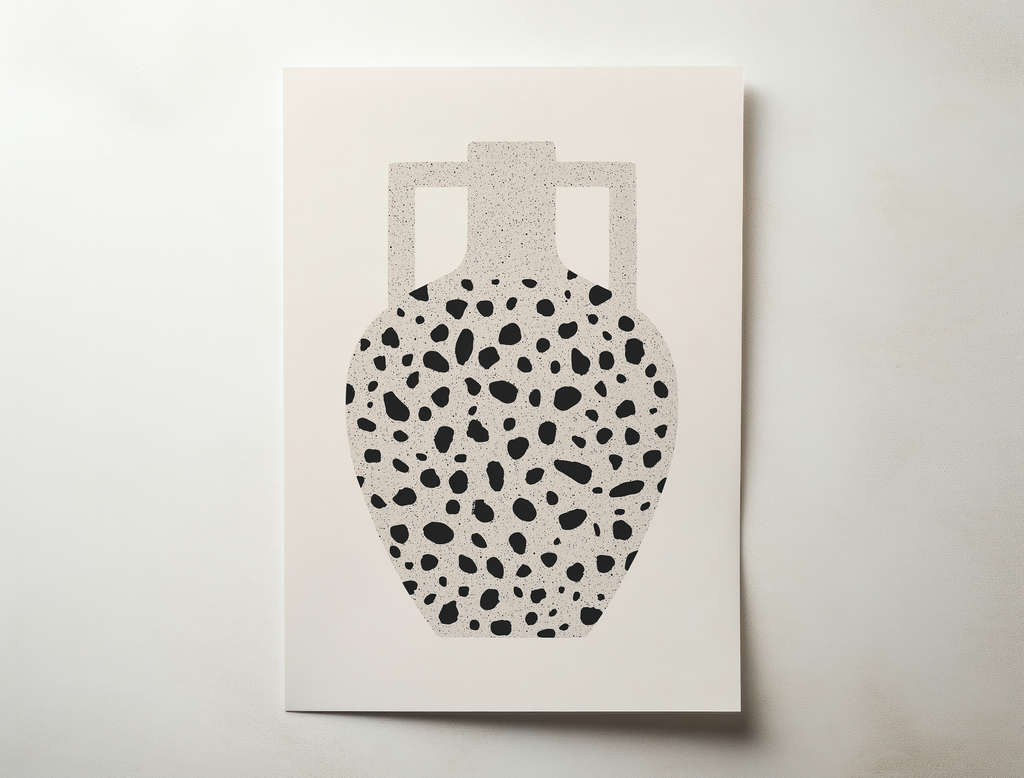 Minimalist terrazzo vase art print in black and white with neutral background
