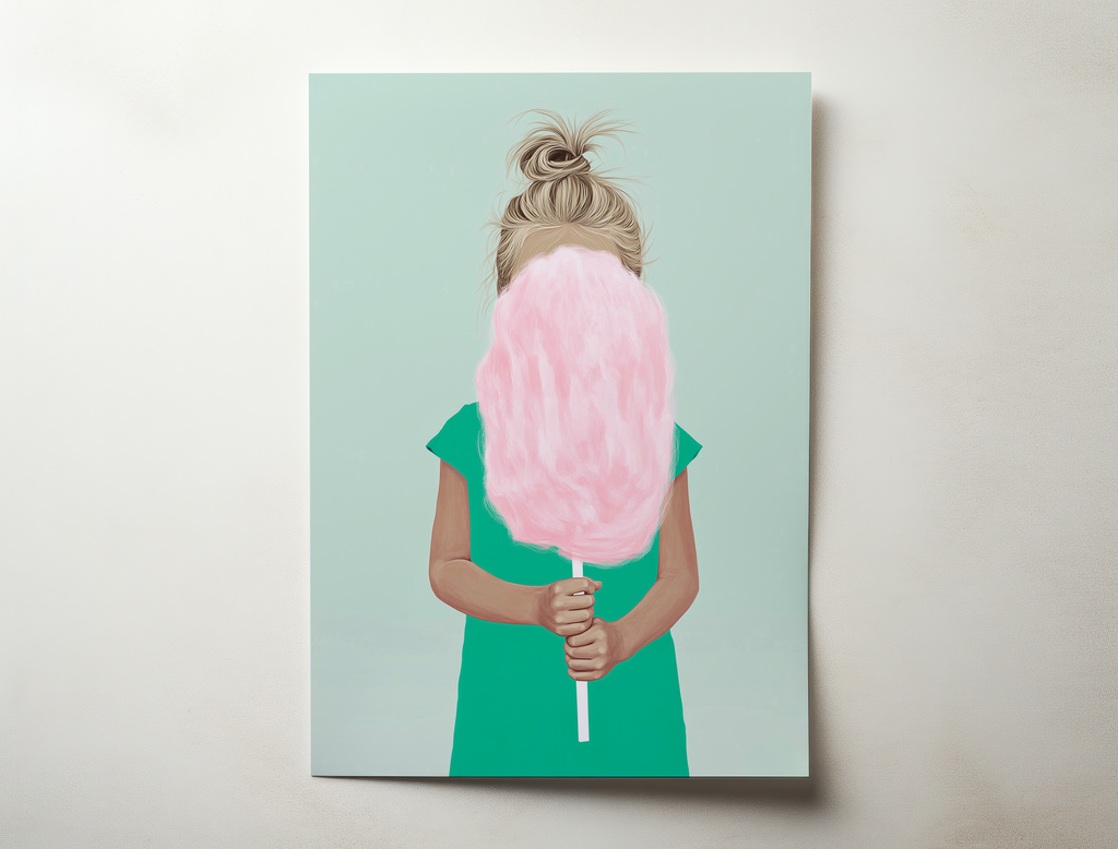 Modern figurative art print of a woman holding pink cotton candy, illustrated in soft pastel tones on a mint background.