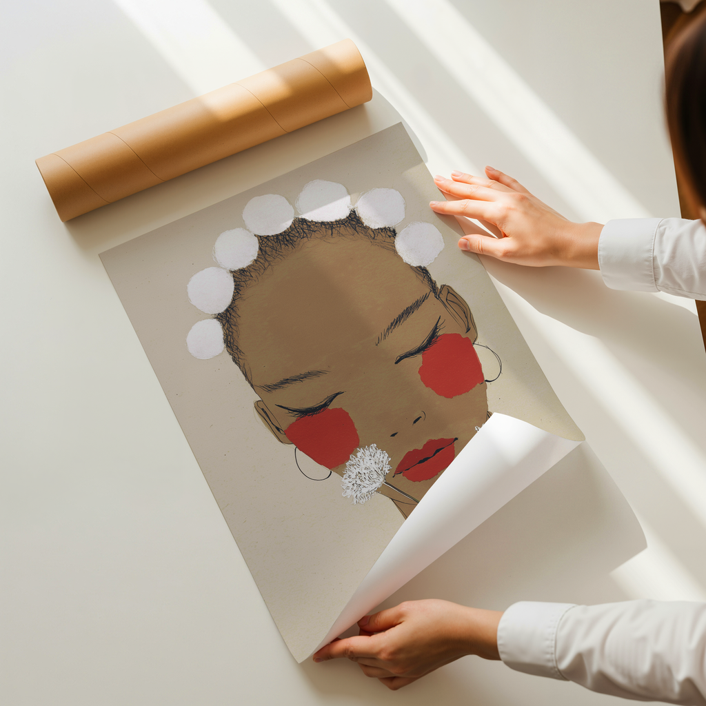 Minimalist feminine art print featuring a serene illustrated portrait with red cheeks and soft floral details in neutral tones