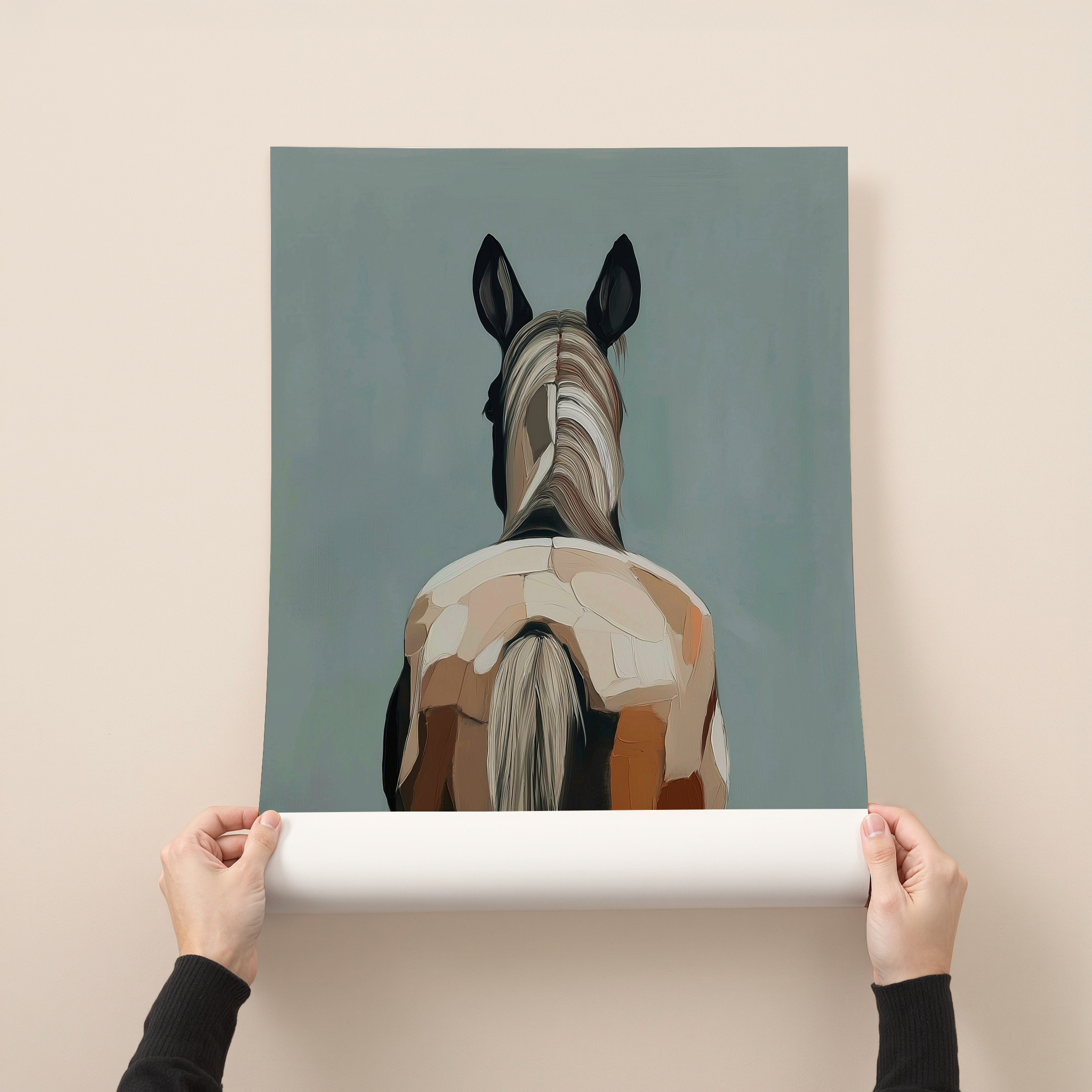 Minimalist horse portrait art print viewed from behind with soft brown and cream tones on a blue grey background