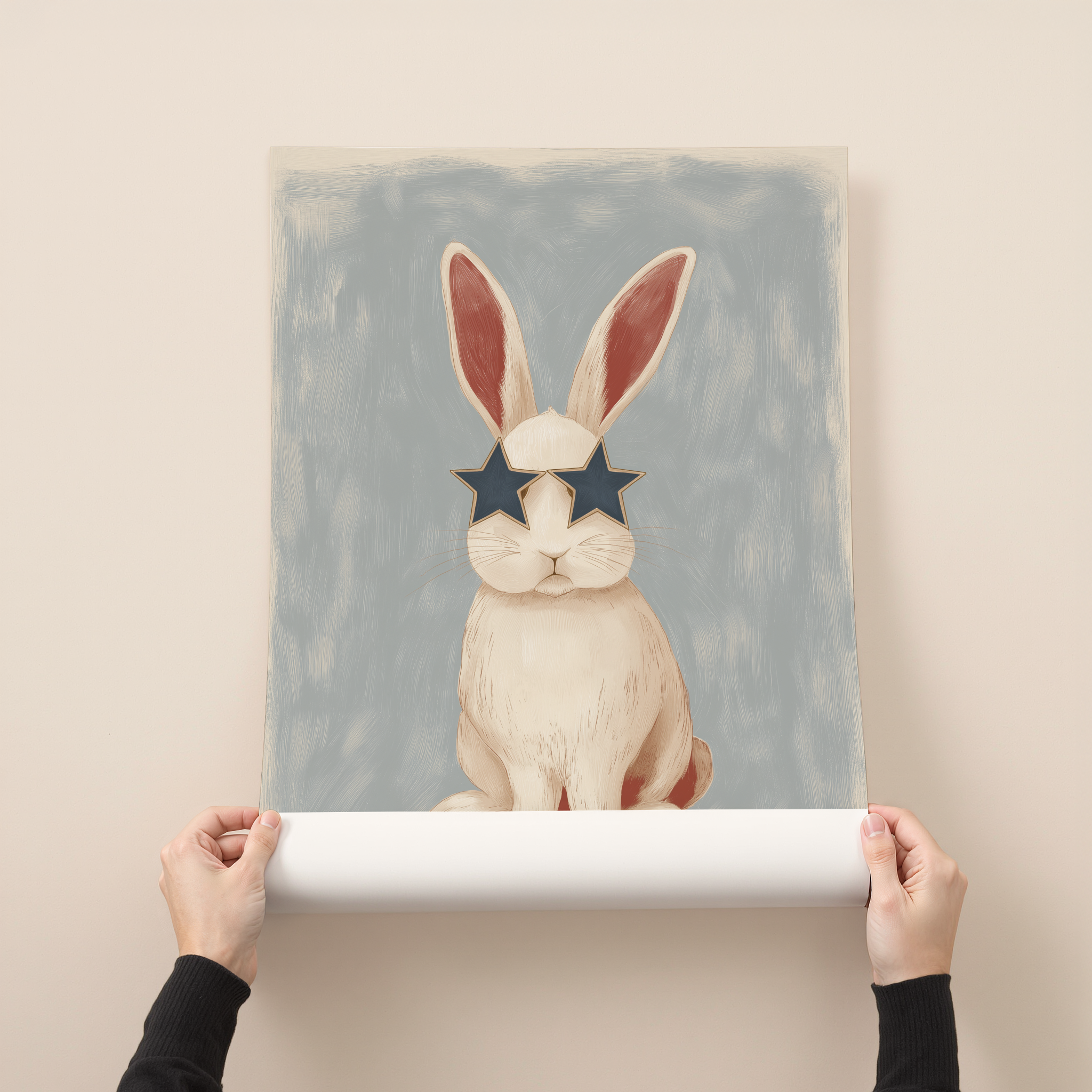Bondi Roo bunny illustration wearing star sunglasses whimsical wall art